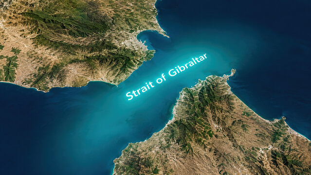 Aerial satellite view of the Strait of Gibraltar between Spain and Morocco with turquoise blue waters, detailed coastlines, intense colors, high-resolution geographical map, migration concept