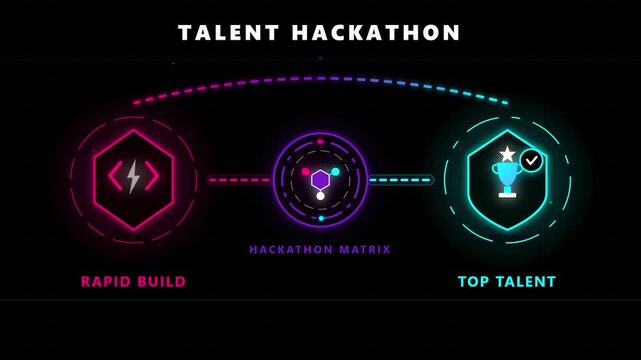 Talent hackathon process flow animation with neon icons