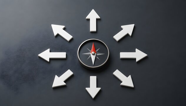 Business strategy and decision making concept showing a navigational compass surrounded by multiple arrows pointing in different directions