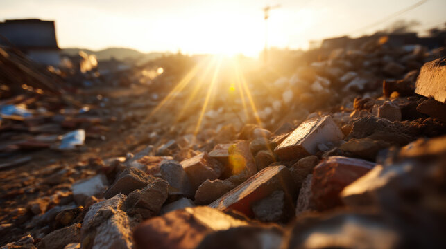 Trash piles and debris sit under the sun at a construction site in the evening light showing signs of urban development and material waste