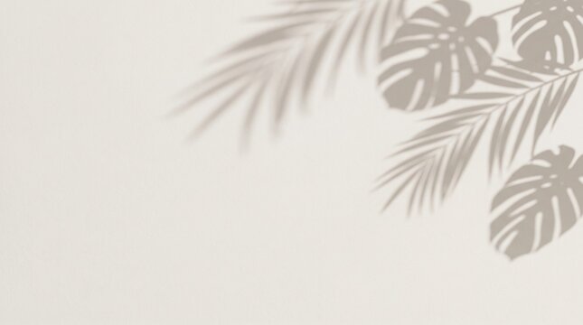 Tropical monstera and palm leaf shadow overlay on neutral beige wall background
