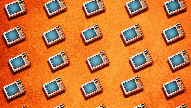 Retro televisions forming a seamless pattern on a vibrant orange surface, symbolizing media and nostalgia