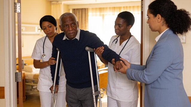 Rehabilitation nurses assisting elderly patient using crutches while promoting independence in nursing home.