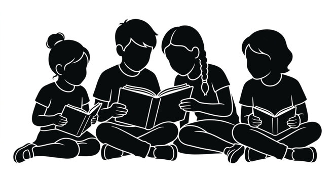Black silhouette of children reading books together, group of diverse students studying in library, kids literacy and education vector illustration
