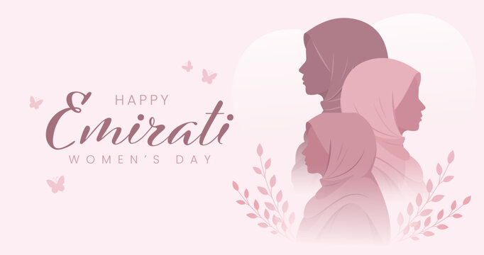 Emirati Women's Day Banner with Silhouette of Emirati Women in Traditional Hijab Illustration