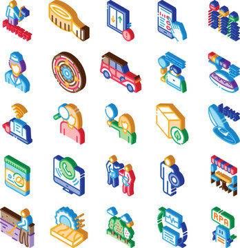Isometric icon set of colorful business and technology concepts on white background, depicting research, communication, delivery, automation, cloud, security and environmental responsibility