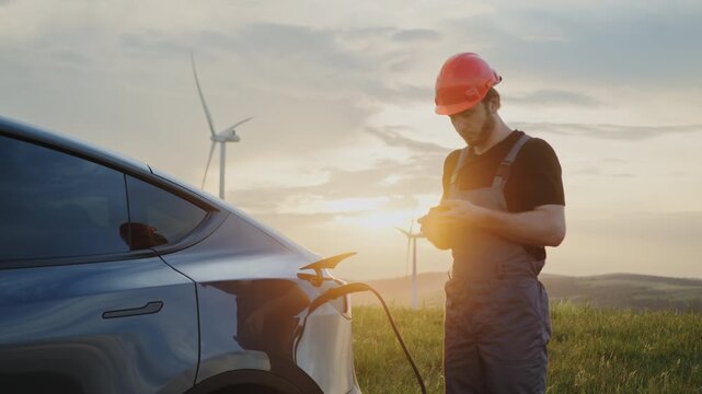 Man in helmet connects charging cable to electric car near wind turbines at sunset. The moment reflects renewable energy, clean electricity, and sustainable technology driving future mobility.