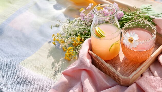 Picnic Table Mocktails With Pastel Cloth And Wildflowers Spring Theme