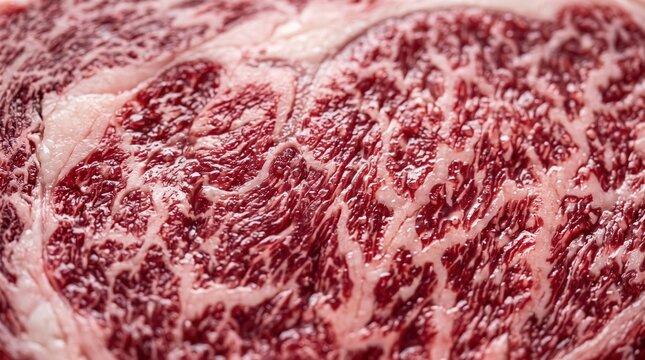 Close up detailed marbled raw beef steak showing intricate fat pattern and muscle texture for culinary and butchery use, fresh uncooked meat surface