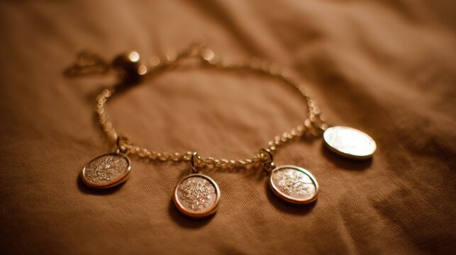 Delicate silver charm bracelet with intricate miniature details on textured background