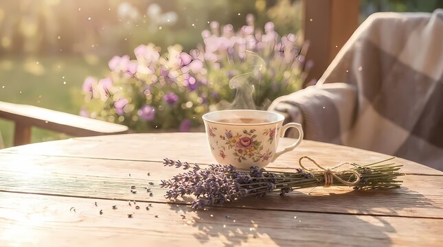 Teacup and lavender bouquet on rustic outdoor table.