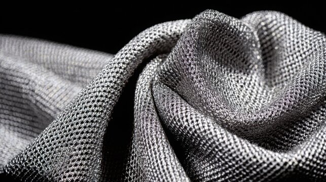 Detailed Close-Up of Silver Metallic Mesh Fabric with Intricate Holes and Elegant Draping