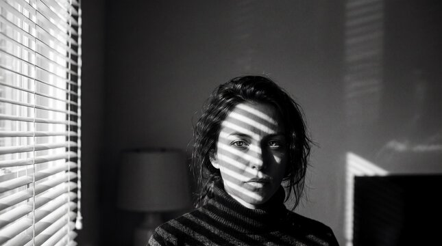 Woman Looking at Camera with Shadow Cast by Window Blinds