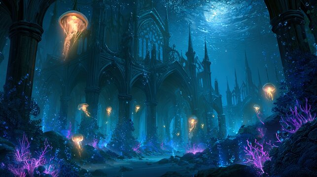 Sunken gothic cathedral ruins at bottom of dark magical ocean, bioluminescent jellyfish lanterns positioned in enchanted garden clearing