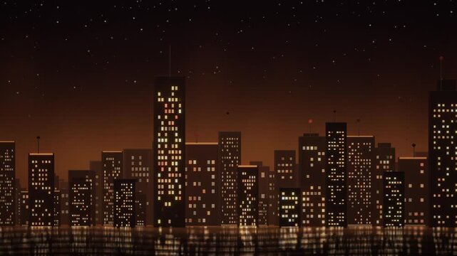 Night city skyline silhouette with twinkling window lights over gradient sky motion background seamless loop in bright ember tones