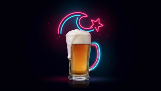 Glass mug of golden beer with neon wave and star sign, dark background