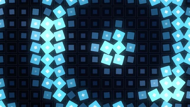 Square grid tiles rotating and scaling in staggered eased waves motion graphics background seamless loop in deep navy tones