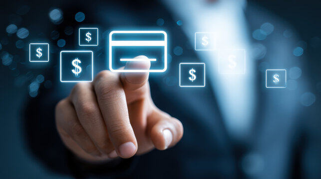 Hand touches credit card in digital interface for online shopping and payment processing at night in a modern setting