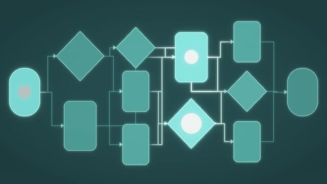 Business Process Flowchart with Flowing Pulse Through Nodes and Directed Arrows seamless loop in subtle teal tones
