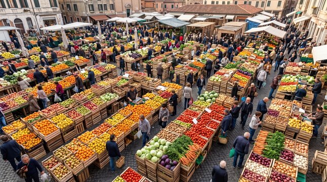 Busy outdoor produce market with dozens of wooden crates filled with colorful fruits and vegetables in city square; shoppers and vendors browsing and buying in daytime bustle.
