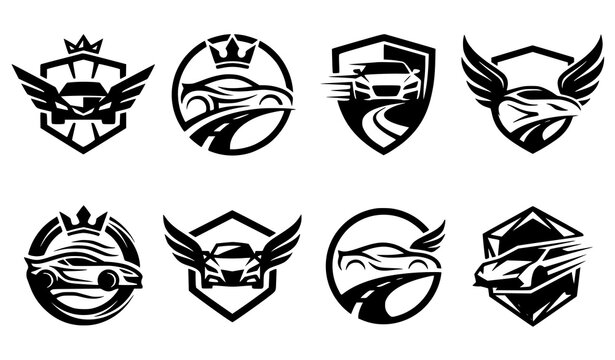 Automotive car logo set with wings crown shield and road badge elements vector illustration