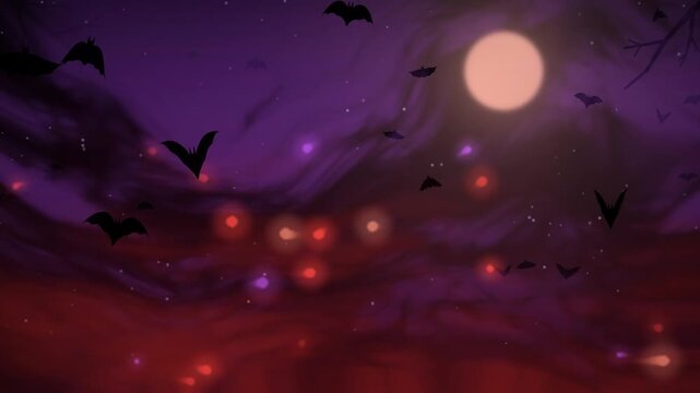 Spooky Halloween Night Fog with Flying Bats and Glowing Orbs Over a Full Moon Seamless Loop in bright red tones