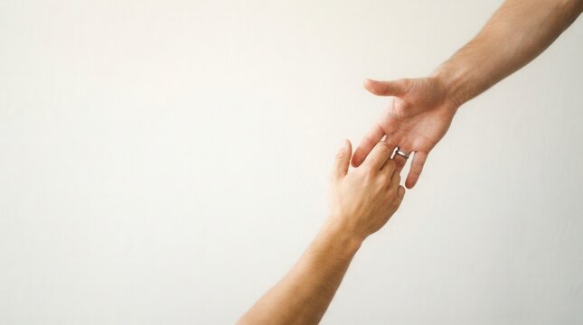 Two Hands Reaching Out to Help Each Other Against a White Background.