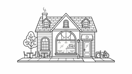 Naklejka premium Building facade with cafe and outdoor seating illustration