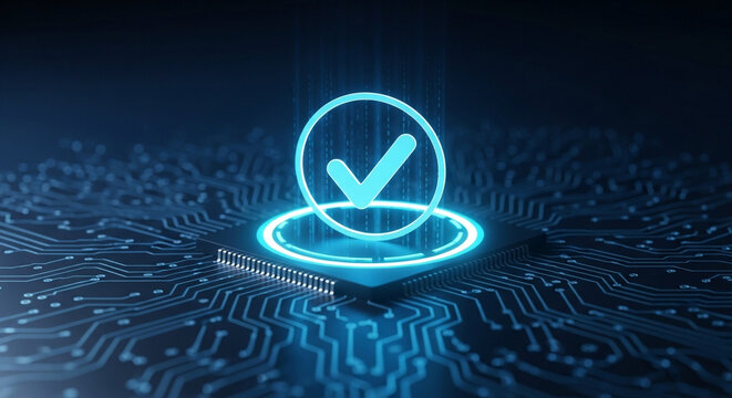 Digital security and quality assurance concept with glowing checkmark icon on computer chip and circuit board.