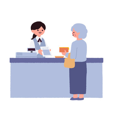 医療機関や薬局の窓口で会計をするスタッフと高齢女性のイラスト / Medical Reception Staff Assisting an Elderly Woman with Payment and Explanation at a Clinic or Pharmacy