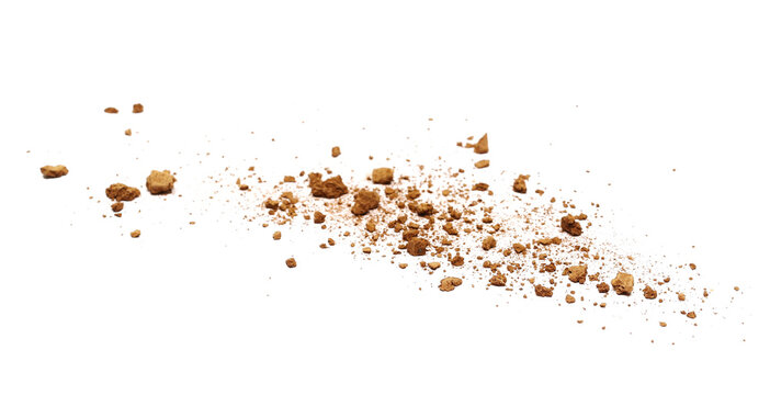 Scattered clods of dirt, soil isolated on white background, side view, with clipping path