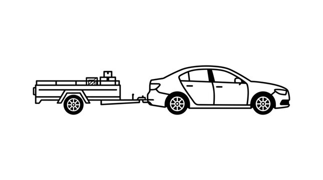 Car towing a utility trailer with cargo on white background outline vector