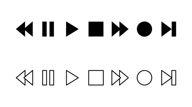 Media player control button icons set including play, pause, stop, fast forward, rewind and record in line style