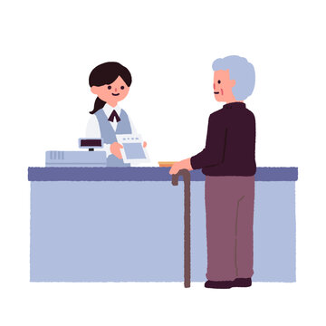 医療機関や薬局の窓口で会計をする高齢男性のイラスト / Illustration of an Elderly Man Paying at the Reception Desk of a Medical Facility or Pharmacy