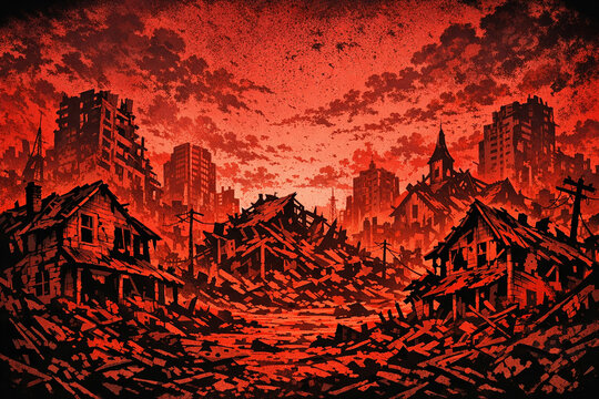 Apocalypse Scene: Abandoned Town Under a Red Sky