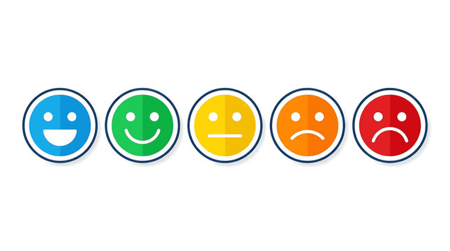 Customer satisfaction feedback scale with colorful emoticons showing different levels of emotion from happy to sad