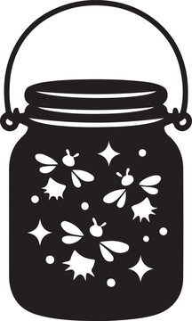 Glass jar filled with fireflies and sparkling stars. Firefly jar vector silhouette. Summer night illustration.