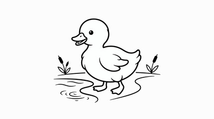 Fototapeta premium Cute cartoon duckling walking near pond with reeds simple line drawing