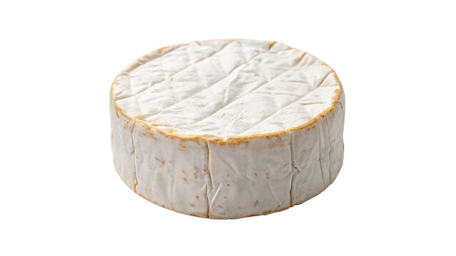 Whole round wheel of gourmet soft french camembert cheese isolated on transparent background for grocery dairy menu