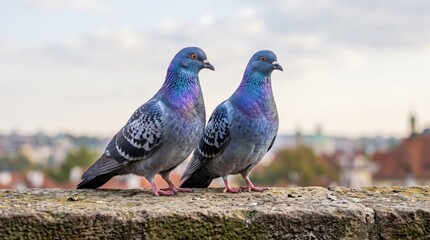 Obraz premium Pair of urban pigeons perched on stone ledge overlooking blurred city skyline, two adult rock pigeons standing side by side in calm daytime overcast conditions
