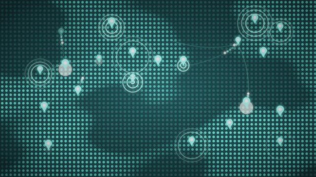 Abstract Dotted World Map with Dropping Location Pins and Pulsing Radar Rings, Global Network Business Background, seamless loop in vibrant teal tones