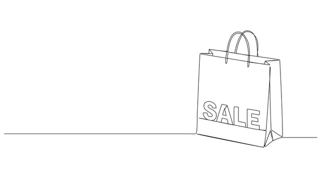 animated continuous line drawing of paper shopping bag with word SALE, shopping and retail marketing concept, line art animation