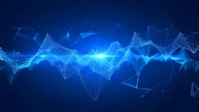 Blue and cyan glowing nodes pulse and flow along a wave-like mesh of connecting lines over a dark gradient background. Flowing lines and layered movement form a vivid digital atmosphere.