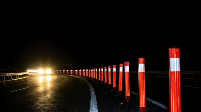 Reflective Road Delineator Posts Guiding Traffic at Night