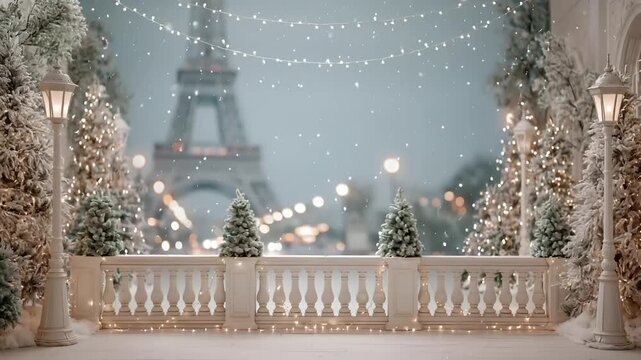 Paris, France, Europe. A festive, wintery scene features the Eiffel Tower in Paris, France. The scene is bathed in a soft, ethereal light, creating a serene and magical atmosphere. Snowcovered trees.