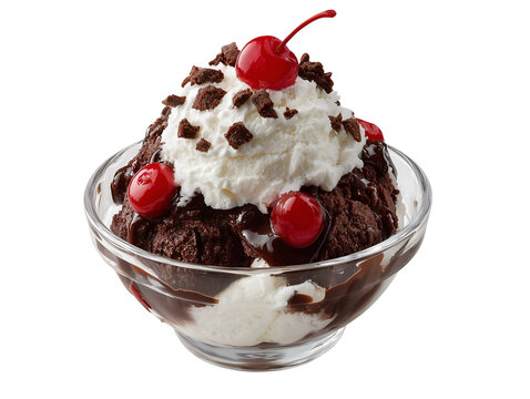 Classic hot fudge sundae with vanilla ice cream, rich chocolate sauce, whipped cream, cherries, and chocolate shavings in a glass bowl.