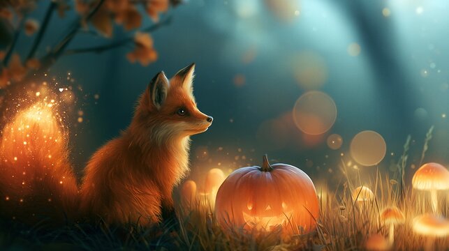 Red fox with tail made of stardust sitting next to smiling carved pumpkin, glowing mushrooms in grass placed in misty autumn woodland glade