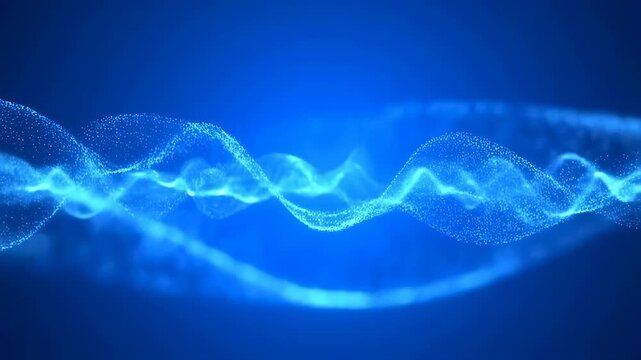 Glowing blue particle wave flows and undulates smoothly across a dark blue gradient background. Abstract animation features flowing motion and luminous energy.