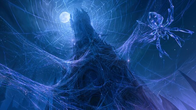Gothic tower wrapped in glowing silk spiderwebs made of stardust, giant crystal spiders situated under twilight night canopy