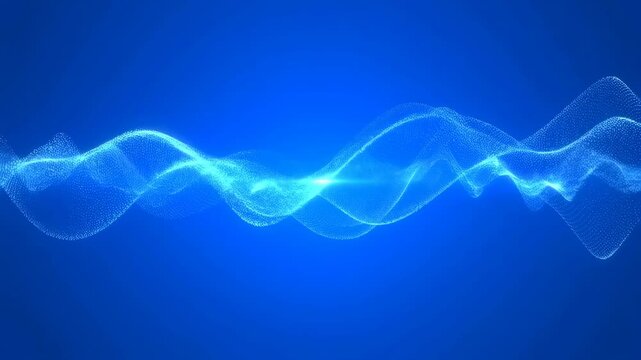 Glowing blue particles flow and oscillate in smooth wave patterns across a deep blue gradient background. Digital wave animation combines glowing light with smooth motion and visual depth.